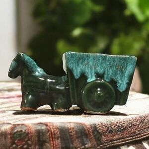 Vintage Blue Studio Pottery Horse & Wagon miniature planter or Toothpick Holder